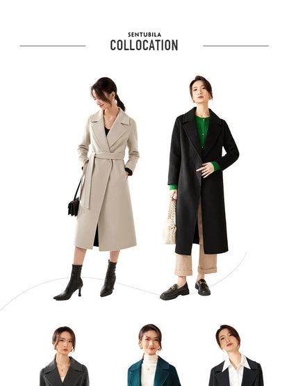SENTUBILA Women 100% Wool Long Wrap Coat 2026 Elegant Notched Collar Belted Warm Double Faced Woolen Winter Overcoat W24O43352