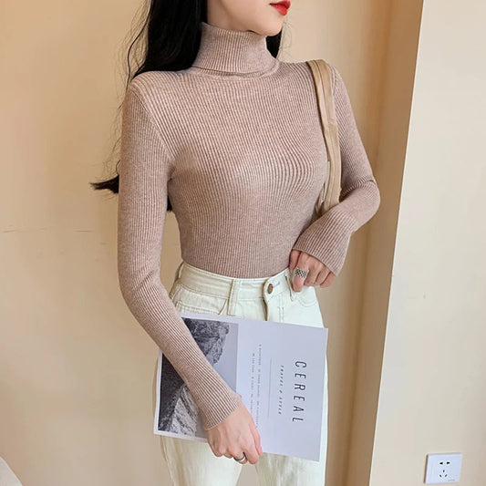 2025 Autumn Winter Women Long Sleeve Knitted Foldover Turtleneck Ribbed Pull Sweater Soft Warm Femme Jumper Pullover Clothes SS69 13.69 One Size / light khaki