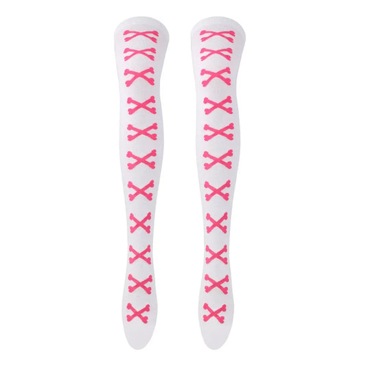 SS69 Women's Bone Print Thigh High Socks - Cotton Blend Cosplay Stockings