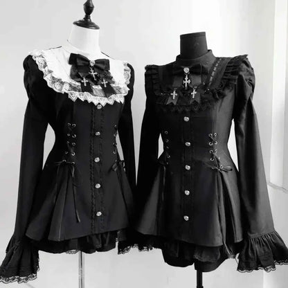 2025 Autumn Gothic Lolita Dress Sweet Heart Black Bow - Elegant Long Sleeve Short Dress with Lace Trim Slim Fit Waist for Women