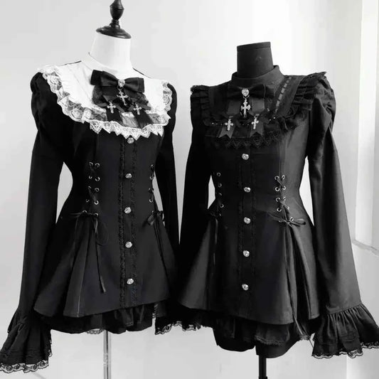 2025 Autumn Gothic Lolita Dress Sweet Heart Black Bow - Elegant Long Sleeve Short Dress with Lace Trim Slim Fit Waist for Women