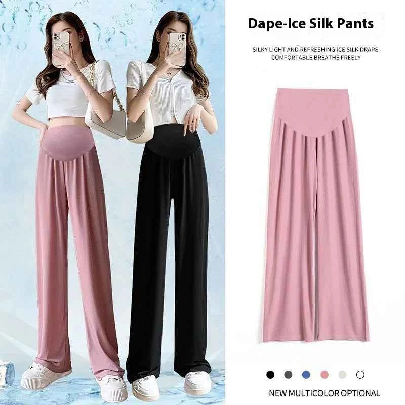 Summer Women's Maternity with Pockets Large Size Maternity Trousers Outside Wearing Thin Section of Ice Silk Draped Wide-Legged