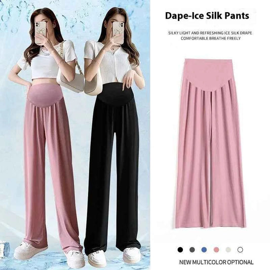 Summer Women's Maternity with Pockets Large Size Maternity Trousers Outside Wearing Thin Section of Ice Silk Draped Wide-Legged