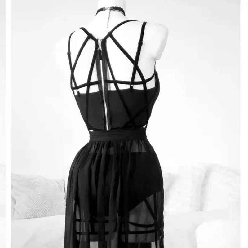 AltGoth Gothic Nightclub Sexy Skirt Set Women See Through Mesh Backless Crop Tops Emo Alt Punk High Waist Underpants Skirt 3pcs