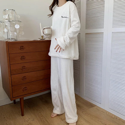 Women Coral Fleece Pajamas Set Winter Flannel Homewear Outfit Loungewear Sleepwear Cozy Warm House Dress Casual Wear