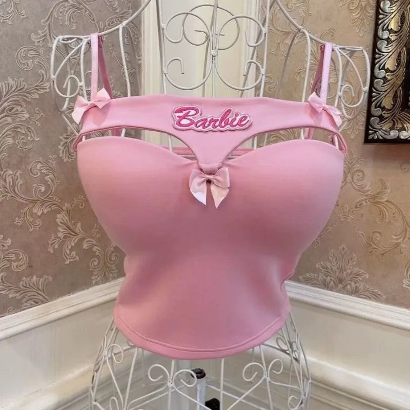 Sweet Barbie Women Tops Sexy Hot Girl Bowknot Embroidered Camis Tank Top Y2k Summer Casual Fashions Streetwear T-shirt Tops Gift SS69 20.69 Pink / L