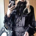 Japanese Kawaii Lolita Blouse Women Vintage Lantern Sleeve Shirt Y2k Aesthetic Lace Patchwork Tops Top Cospaly JK Loose Blusas