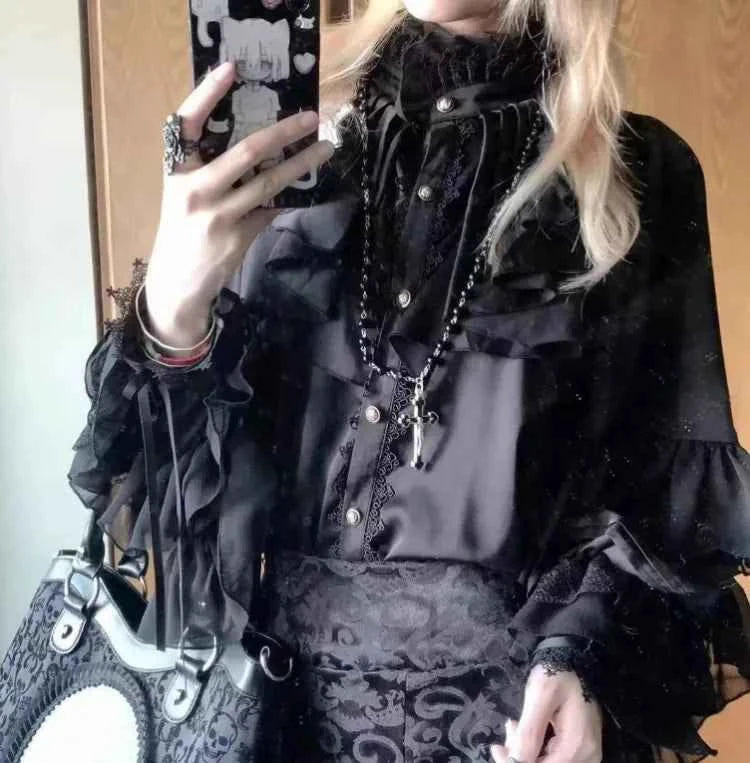 Japanese Kawaii Lolita Blouse Women Vintage Lantern Sleeve Shirt Y2k Aesthetic Lace Patchwork Tops Top Cospaly JK Loose Blusas