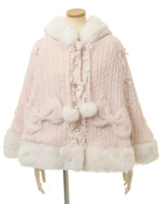 Autumn and Winter Japanese Liz Furry Knitted Cape Coat Sweet Girls Women Mine Series Cute Bow Princess Hooded Kawaii Lolita Coat