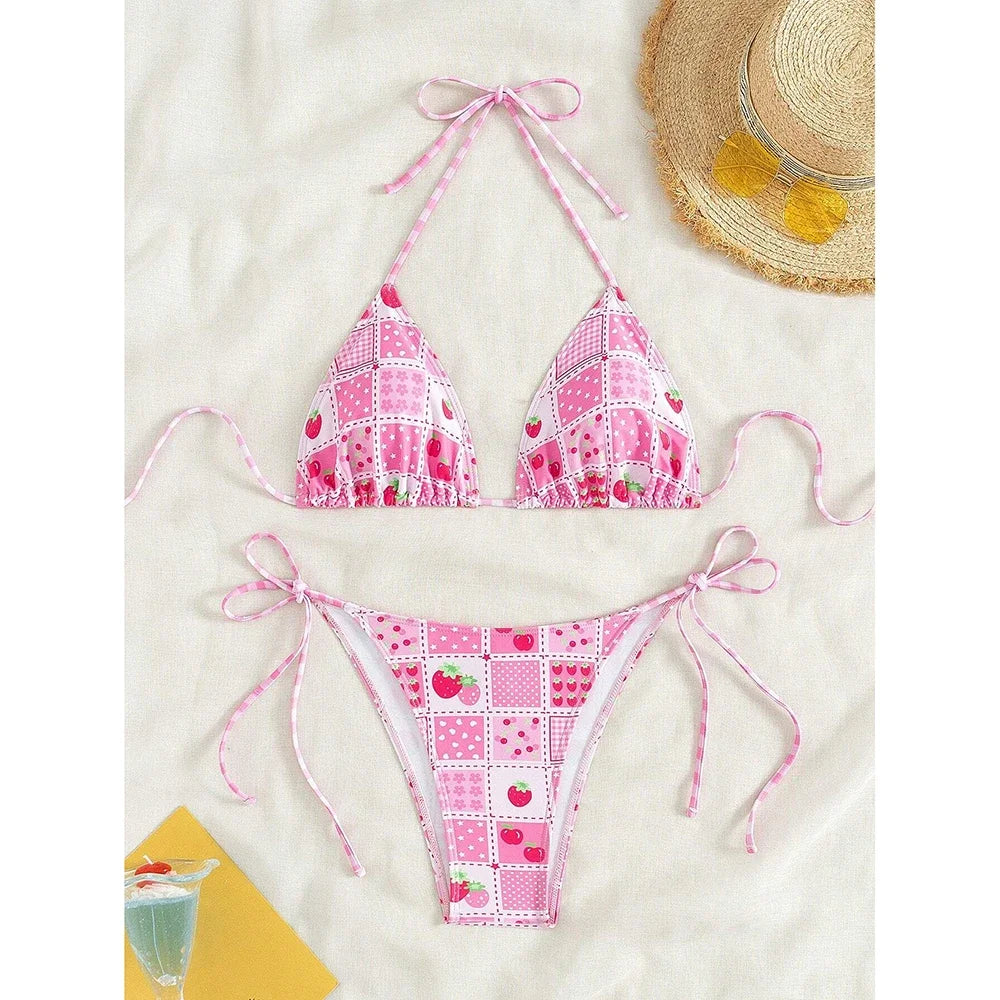 Swimsuit 2025 Female Micro Bikini Women Swimwear Summer Beachwear Women's Bathing Suit Floral Print Neck Halter Thong Bikini Set SS69 17.69 RoseRed Floral / S