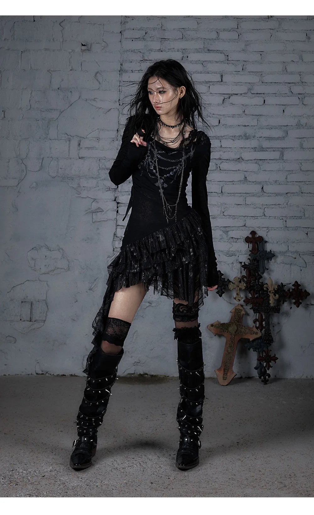 NO ROMANCE Fairy Sexy Punk Printing Half Transparent Lace Patch Knitted Long Sleeve Hooded Dresses Rock Gothic Design Vestidos SS69