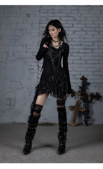 NO ROMANCE Fairy Sexy Punk Printing Half Transparent Lace Patch Knitted Long Sleeve Hooded Dresses Rock Gothic Design Vestidos SS69