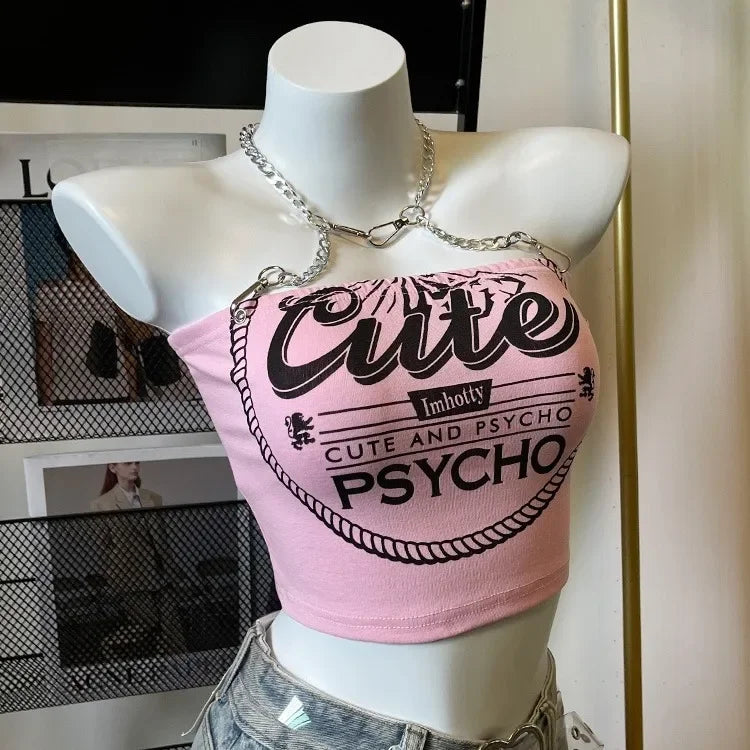 Crop Tops Fashion Summer Tanks Women Clothing Sweet Pink Letter Backless Tunic Camis Harajuku Chain Sexy Y2k Vest Ropa Mujer SS69 13.69 pink / L