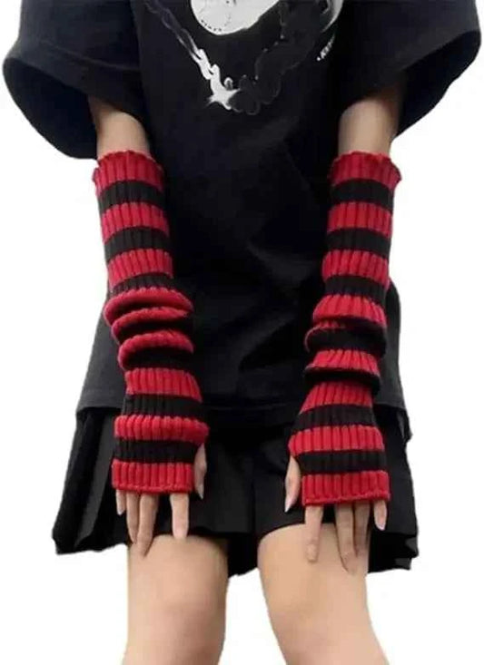 Gothic Striped Knitted Fingerless Arm Sleeves Black White Striped Winter Long Arm Warmers Girls Harajuku Y2K Wrist Gloves