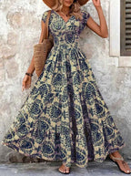 2026 Vintage Floral Print Dress Elegant V-Neck Short Sleeve Long Women's Fashion Retro Gown