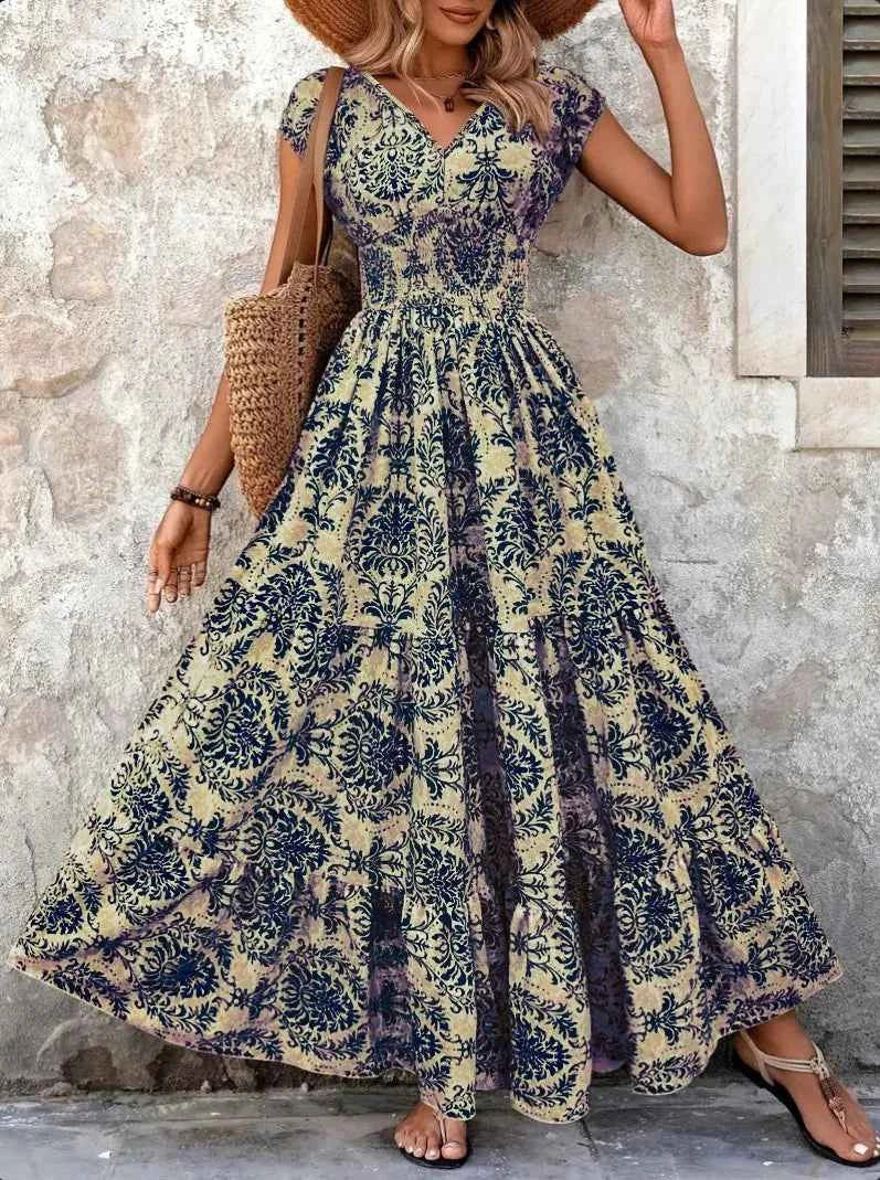 2026 Vintage Floral Print Dress Elegant V-Neck Short Sleeve Long Women's Fashion Retro Gown