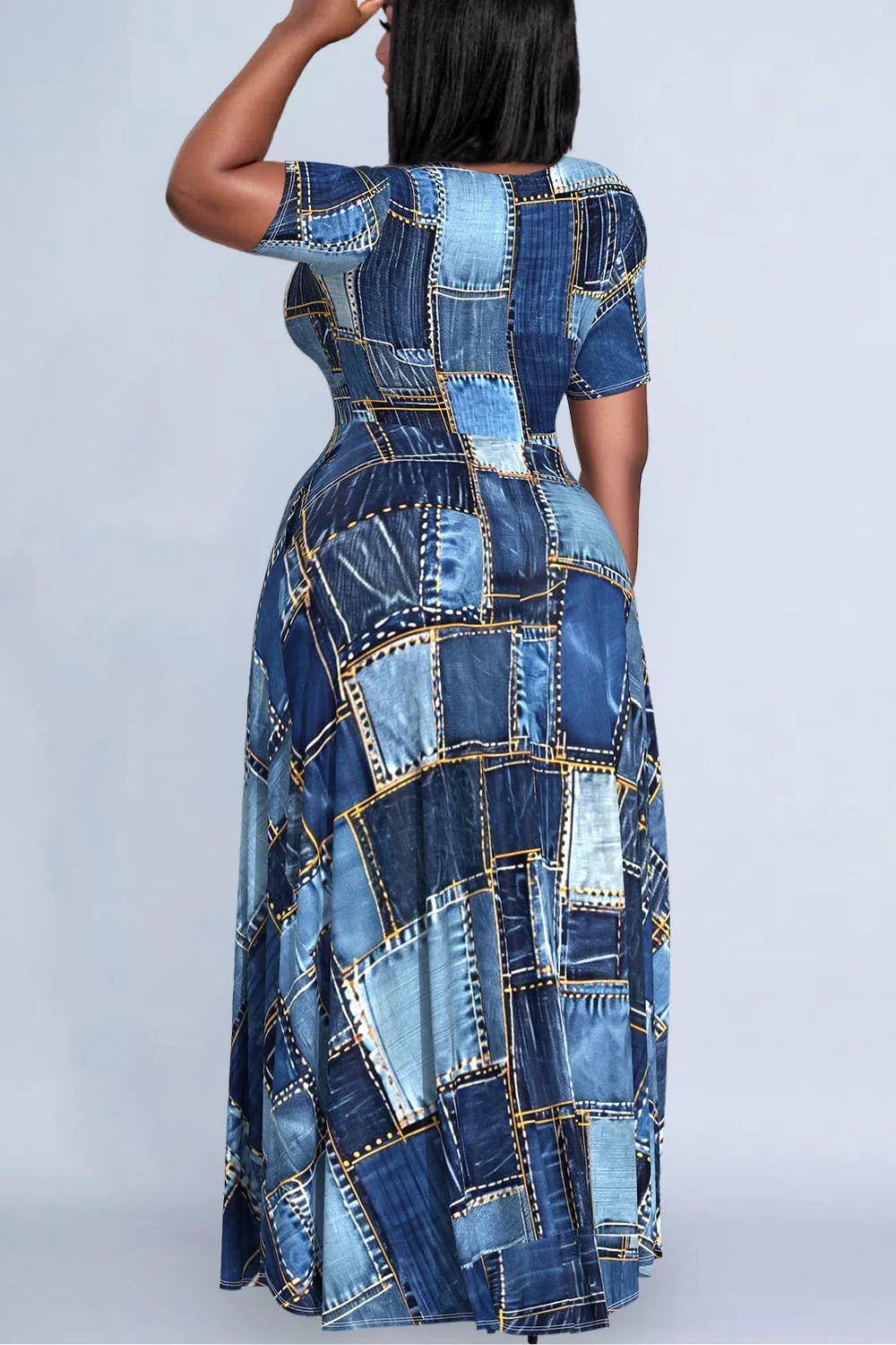 Plus Size Women's Dark Blue Patchwork Crew Neck Denim Print Maxi Dresses - SS69 