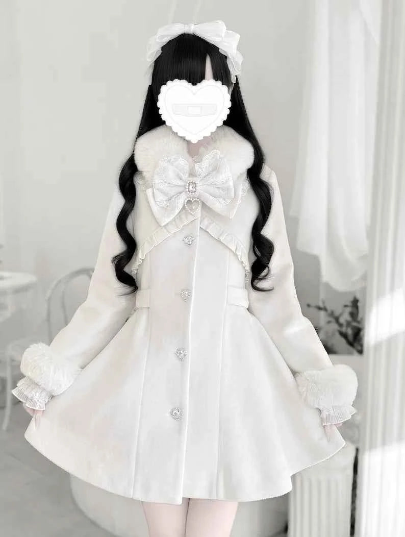 Japanese Mass-Produced Long Wool Collar Coat 20% Wool Waist-Cinching Sweet Girl Long Sleeve Slim Fit Elegant Lolita Woolen Coat