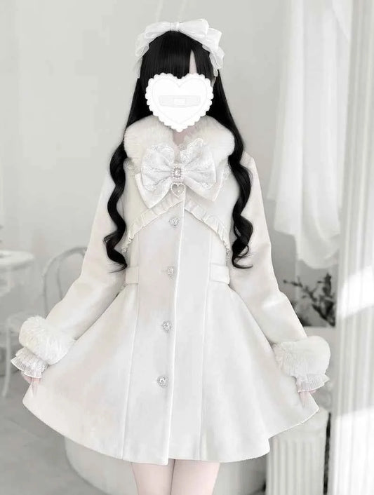 Japanese Mass-Produced Long Wool Collar Coat 20% Wool Waist-Cinching Sweet Girl Long Sleeve Slim Fit Elegant Lolita Woolen Coat