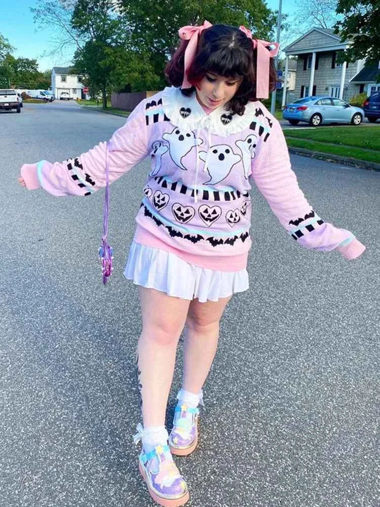 Yangelo Pink Kawaii Sweater Women's Knitted Top Gothic Ghost Bat Pattern Autumn Winter Warm Fairy Grunge Clothing