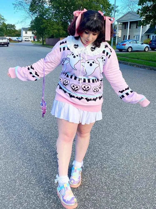 Yangelo Pink Kawaii Sweater Women's Knitted Top Gothic Ghost Bat Pattern Autumn Winter Warm Fairy Grunge Clothing