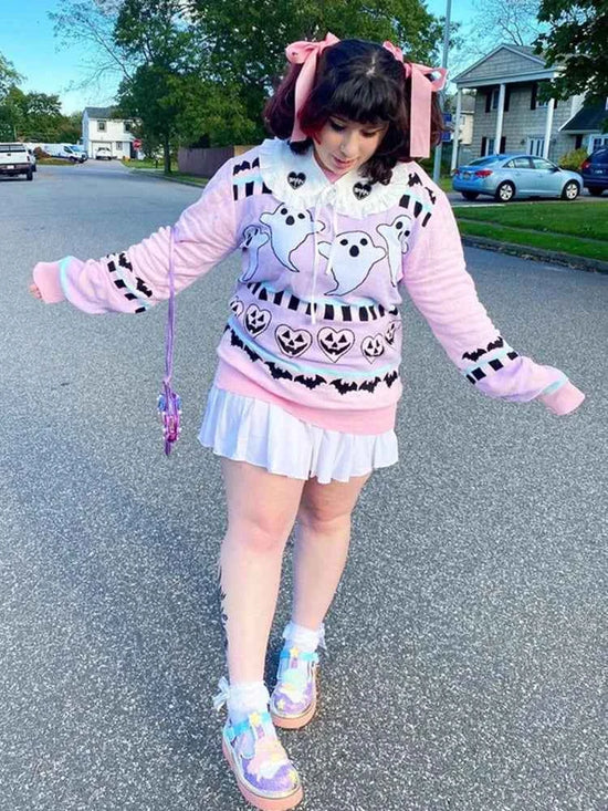 Yangelo Pink Kawaii Sweater Women's Knitted Top Gothic Ghost Bat Pattern Autumn Winter Warm Fairy Grunge Clothing