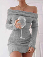 Sexy French Knitted Long Sleeve Pink Y2k Vintage Winter Clothes Slim Knitwear Vestido Off Shoulder Women Sweater Bodycon Dress