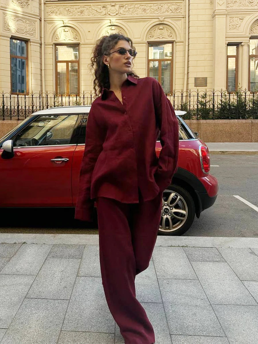 Bornladies Women's Cotton Long Sleeve Shirt & Wide Leg Pants Set