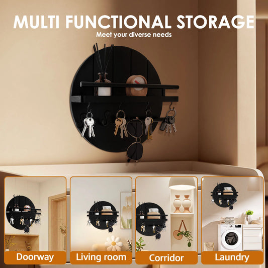 SS69 Round Wooden Wall Key Holder with Floating Shelf and 6 Storage Hooks