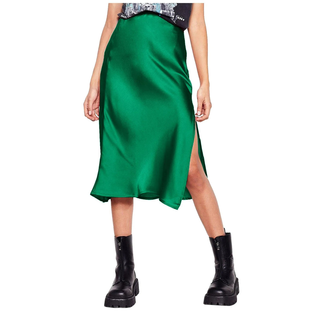 Korean Style Satin Skirt For Women Summer High Waisted Midi Skirt With Slit Solid Color Faldas Elegant Office Ladies Skirts SS69 26.69 Green / XL / CHINA