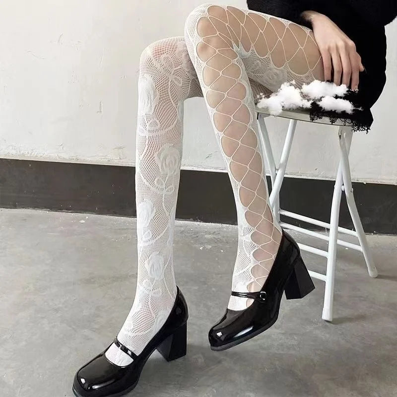 Women's Sexy Hollow Jacquard Fishnet Tights Stockings Floral Lace Thigh High waist Pantyhose Nightclub Garter Hot Wind Stocking SS69