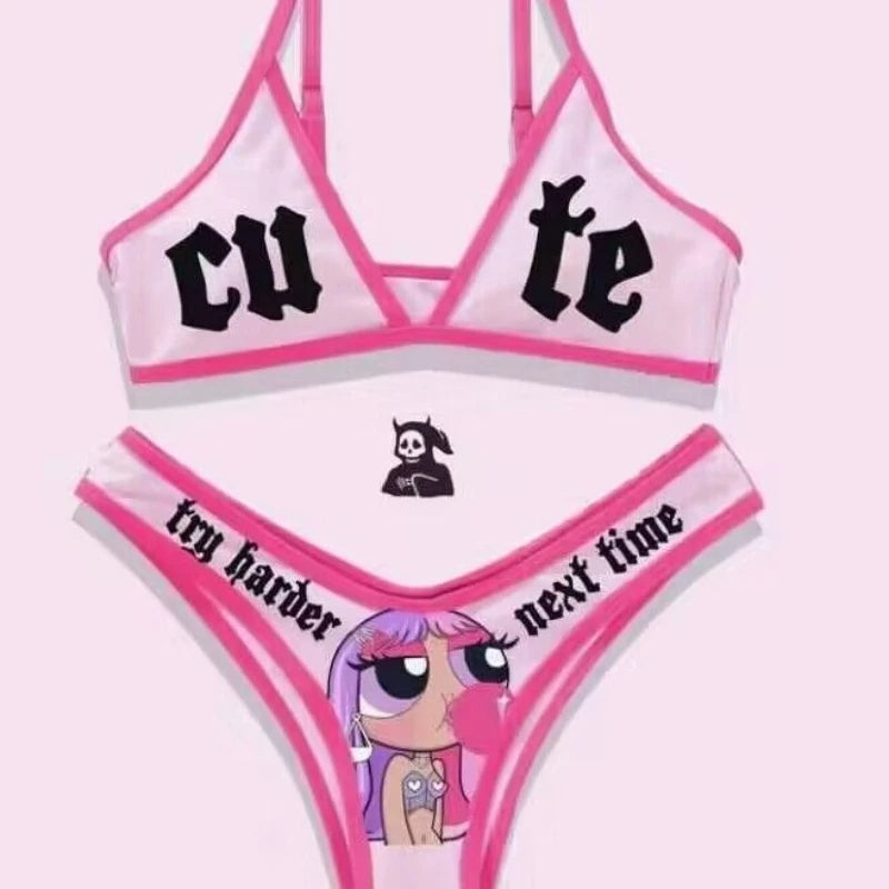 New Punk Gothic Letters Print Bikinis Set Sexy Bikini Women Skull Pattern V-neck Swimwear Fashion Swimsuit Bathing Suit SS69