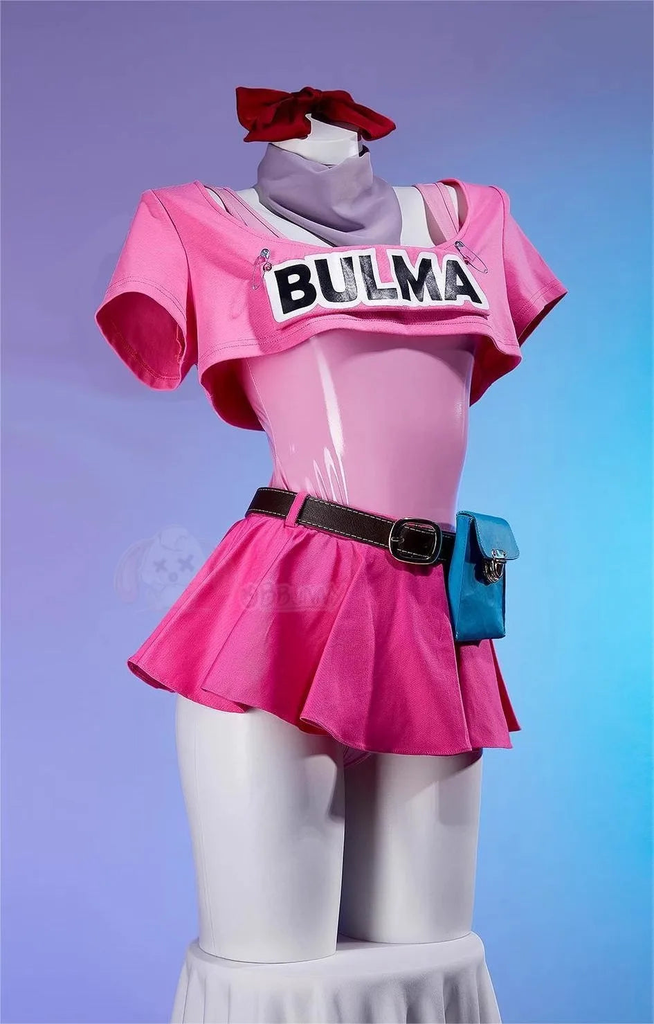 Anime Bulma Cosplay Costume Wig Women Short T-shirt Sexy Leather Bodysuit Headwear Scarf Belt Bag Set Halloween Carnival Clothes