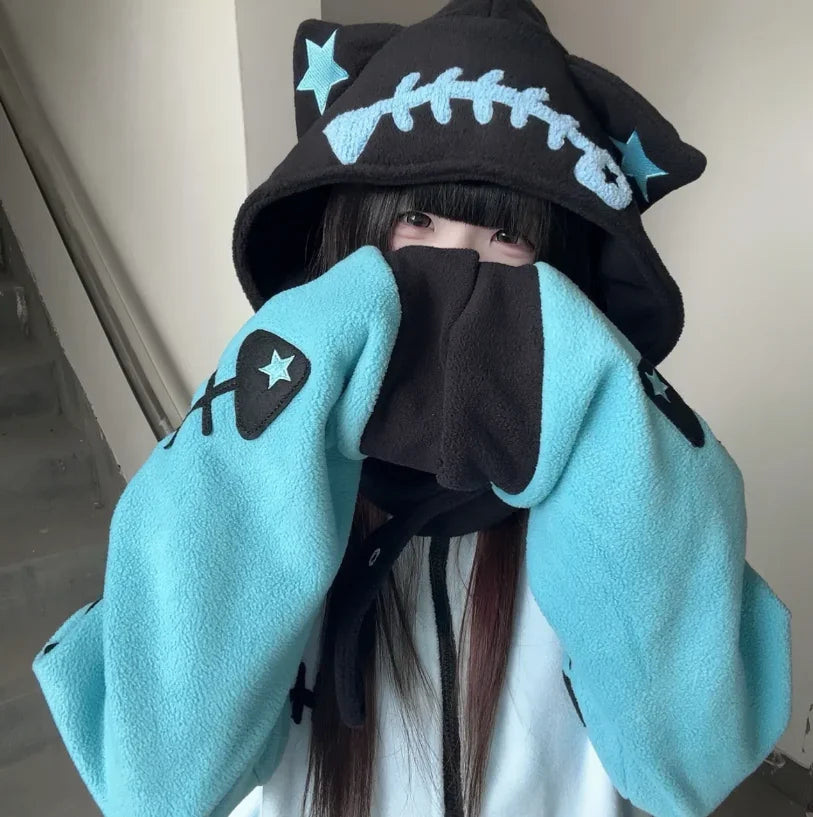 SS69 Japanese Punk Cat Ear Fish Bone Zip-Up Oversized Hoodie Blue
