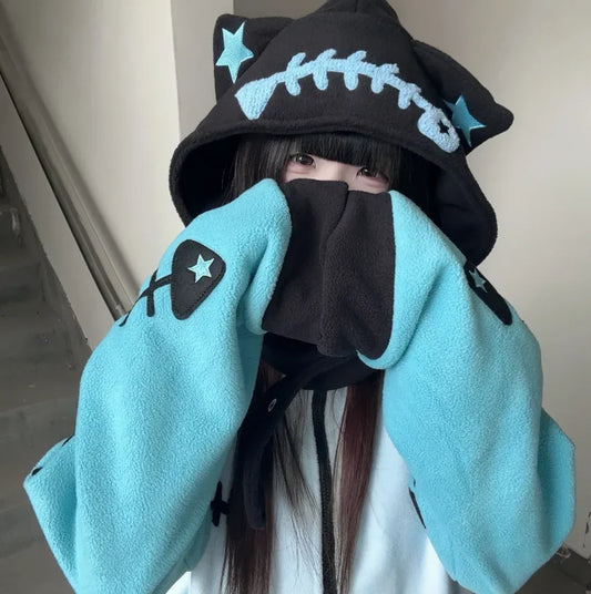 SS69 Japanese Punk Cat Ear Fish Bone Zip-Up Oversized Hoodie Blue