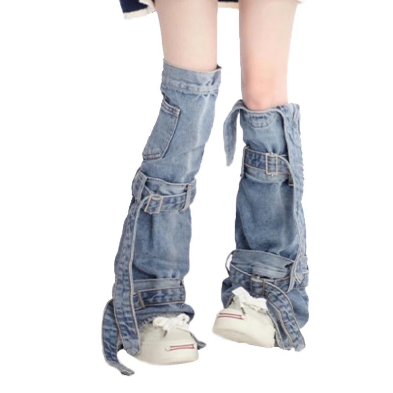 Y2k Denim Leg Warmers with Adjustable Buckle Straps