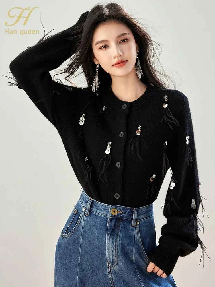 H Han Queen Autumn Simple Basic Black Tasseled Sequins Knitted Coats Cardigan Sweater For Womens Tops Long Sleeve Cardigans