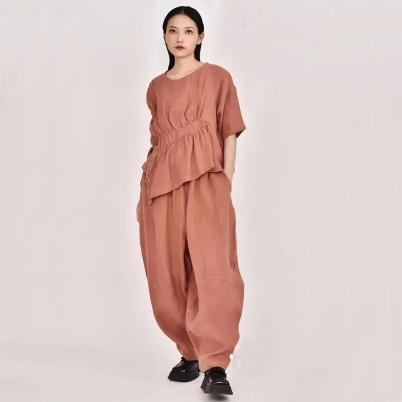 Summer New Loose Women's Artistic Linen Asymmetrical Shirt plus Size Harem Pants Comfortable Breathable Casual Wear SS69