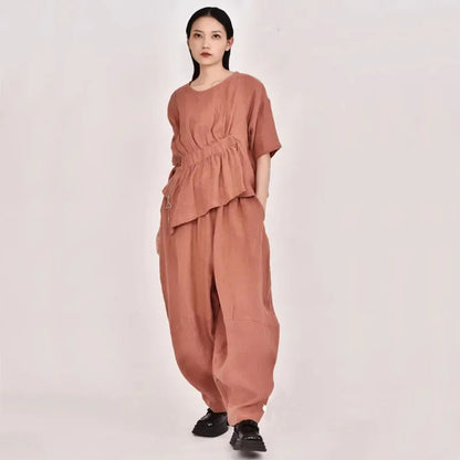 Summer New Loose Women's Artistic Linen Asymmetrical Shirt plus Size Harem Pants Comfortable Breathable Casual Wear SS69
