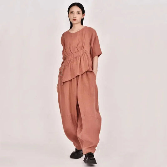 Summer New Loose Women's Artistic Linen Asymmetrical Shirt plus Size Harem Pants Comfortable Breathable Casual Wear SS69