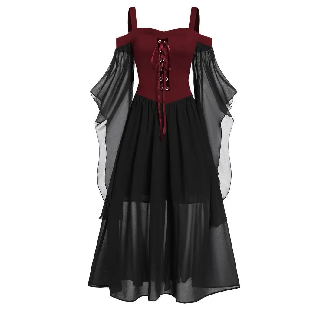 New Medieval Witch Dress for Women Halloween Carnival Women Plus Size Cold Shoulder Butterfly Sleeve Halloween Gothic Dress