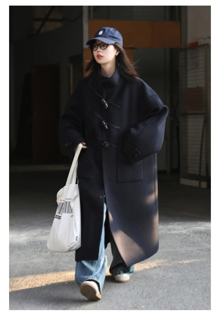 CHIC VEN Women Long Woolen Coats Single Breasted Loose Stand Collar Cow Horn Buttoned Office Ladies Overcoat Autumn Winter 2026