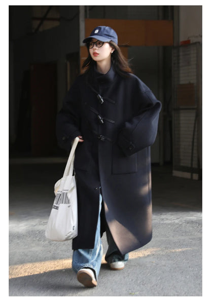 CHIC VEN Women Long Woolen Coats Single Breasted Loose Stand Collar Cow Horn Buttoned Office Ladies Overcoat Autumn Winter 2026