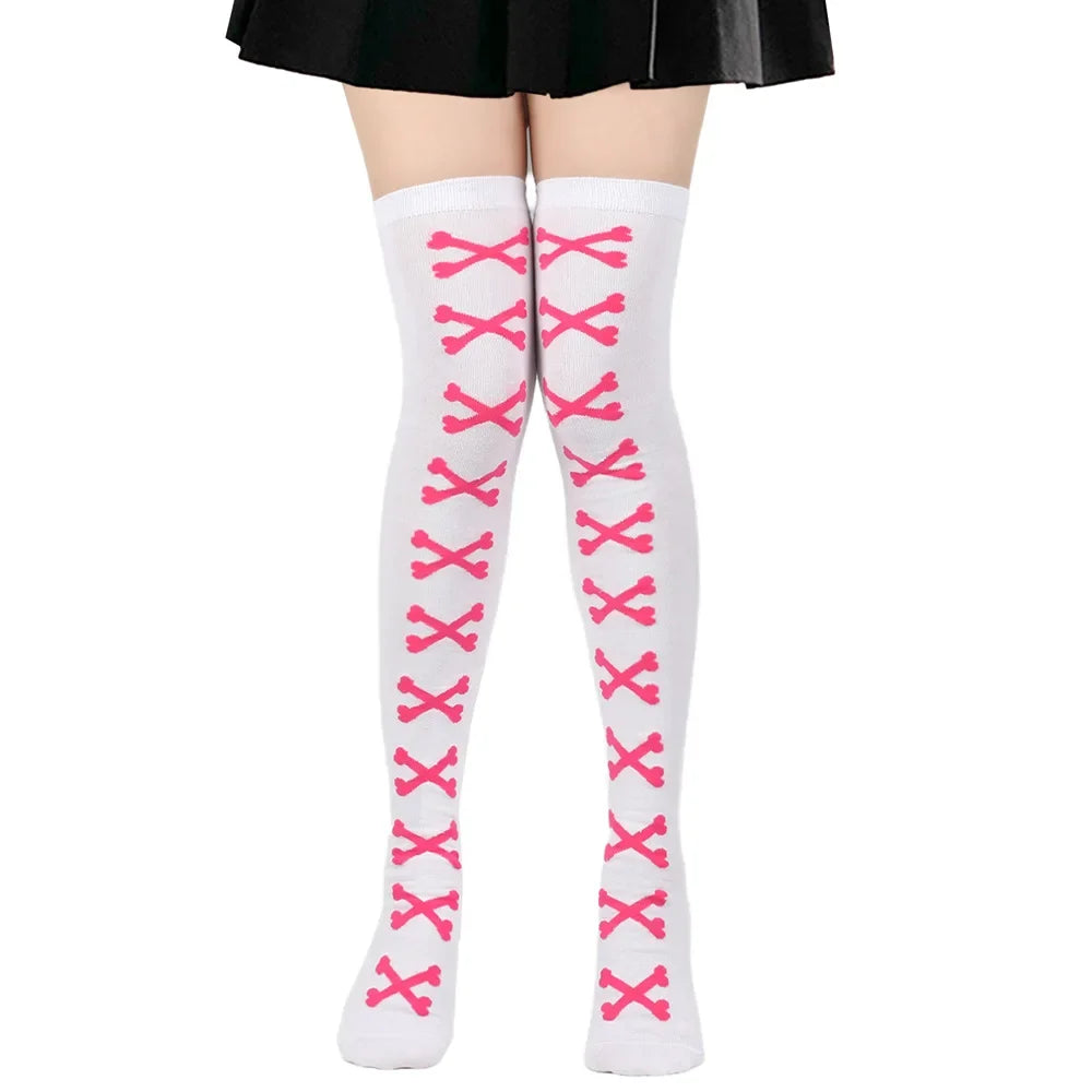 SS69 Women's Bone Print Thigh High Socks - Cotton Blend Cosplay Stockings