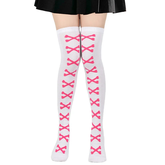 SS69 Women's Bone Print Thigh High Socks - Cotton Blend Cosplay Stockings