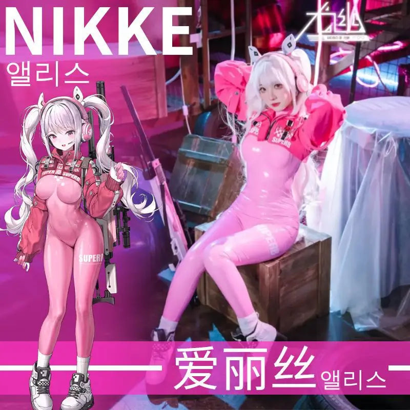 Women’s Nikki Alice Cosplay Costume Bodysuit with Ear Gloves Wig Cosplay Latex Cat suit Jumpsuit Jacket Suit SS69