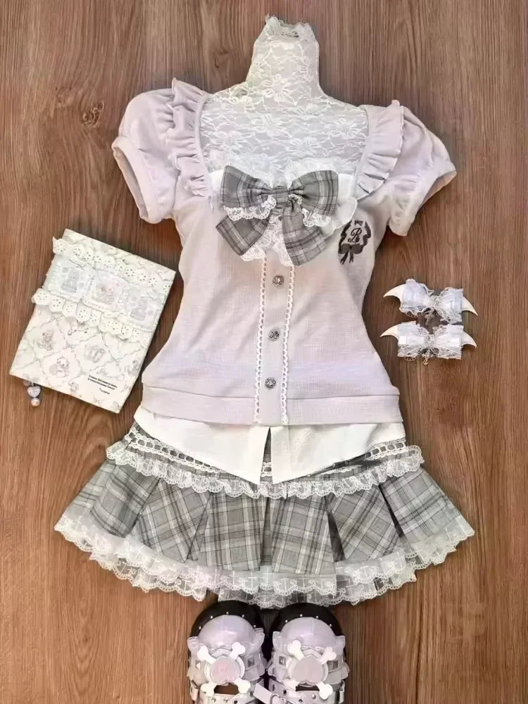 Japanese Sweet Preppy Style 2 Piece Set Women Kawaii Lace Patchwork Bow Tops + Y2k Plaid Mini Skirt Elegant Fashion Outifits New SS69