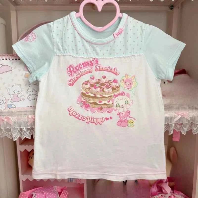 Japanese Sweet Kawaii Cartoon Polka Dot Print T-shirt Women Loose Casual Contrast Color Cute Graphic Tees Y2k Aesthetic Tops New