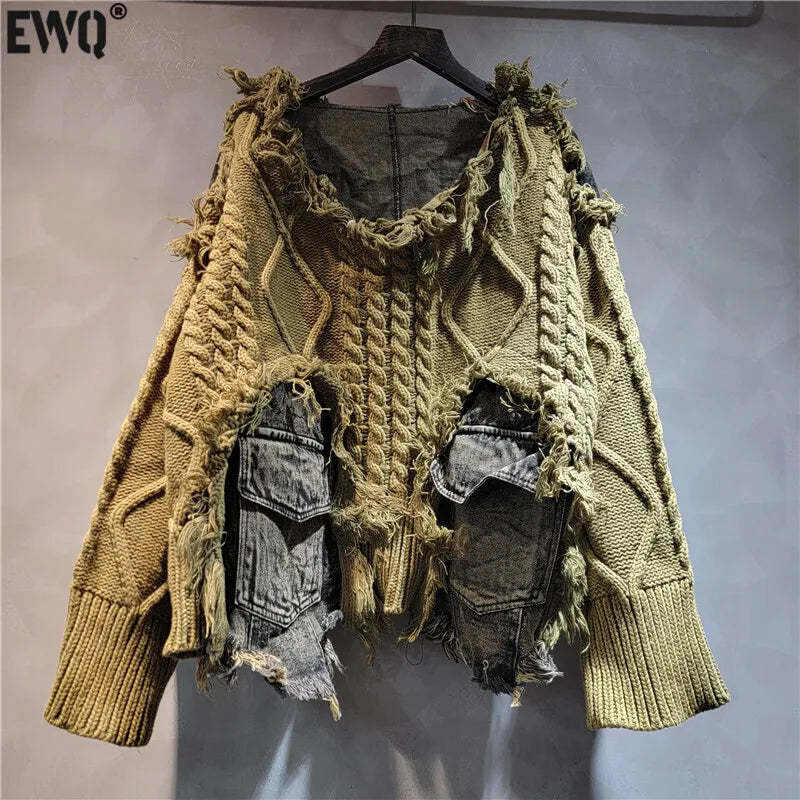 [EWQ] Vintage Long Sleeve Denim Pockets Patchwork V-Neck Orange-red Sweater Loose Tops Old Designs Women Pullover Knitted 6U1329 SS69