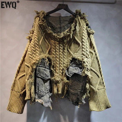 [EWQ] Vintage Long Sleeve Denim Pockets Patchwork V-Neck Orange-red Sweater Loose Tops Old Designs Women Pullover Knitted 6U1329 SS69